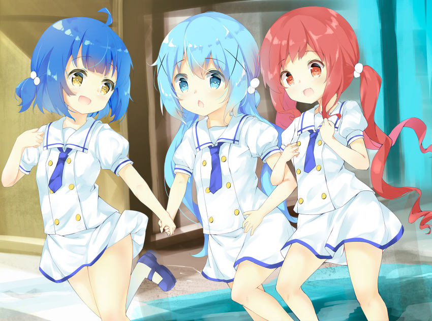 3girls artist_request blue_hair brown_eyes gochuumon_wa_usagi_desu_ka? hair_bobbles hair_ornament hairclip hand_holding highres jouga_maya kafuu_chino kneehighs locked_arms long_hair mary_janes multiple_girls natsu_megumi open_mouth red_eyes redhead running school_uniform serafuku shiraki_shiori shirt shoes short_hair short_twintails skirt smile twintails white_legwear white_shirt white_skirt