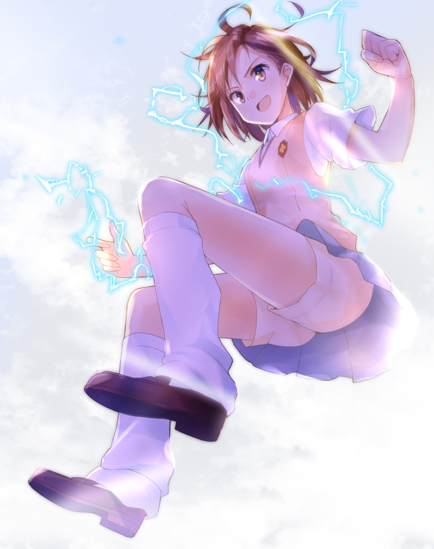 1girl biribiri brown_eyes brown_footwear brown_hair brown_shorts electricity from_below full_body highres loafers looking_at_viewer loose_socks masamuuu misaka_mikoto open_mouth shoes shorts shorts_under_skirt smile solo sweater_vest to_aru_kagaku_no_railgun to_aru_majutsu_no_index tokiwadai_school_uniform white_legwear