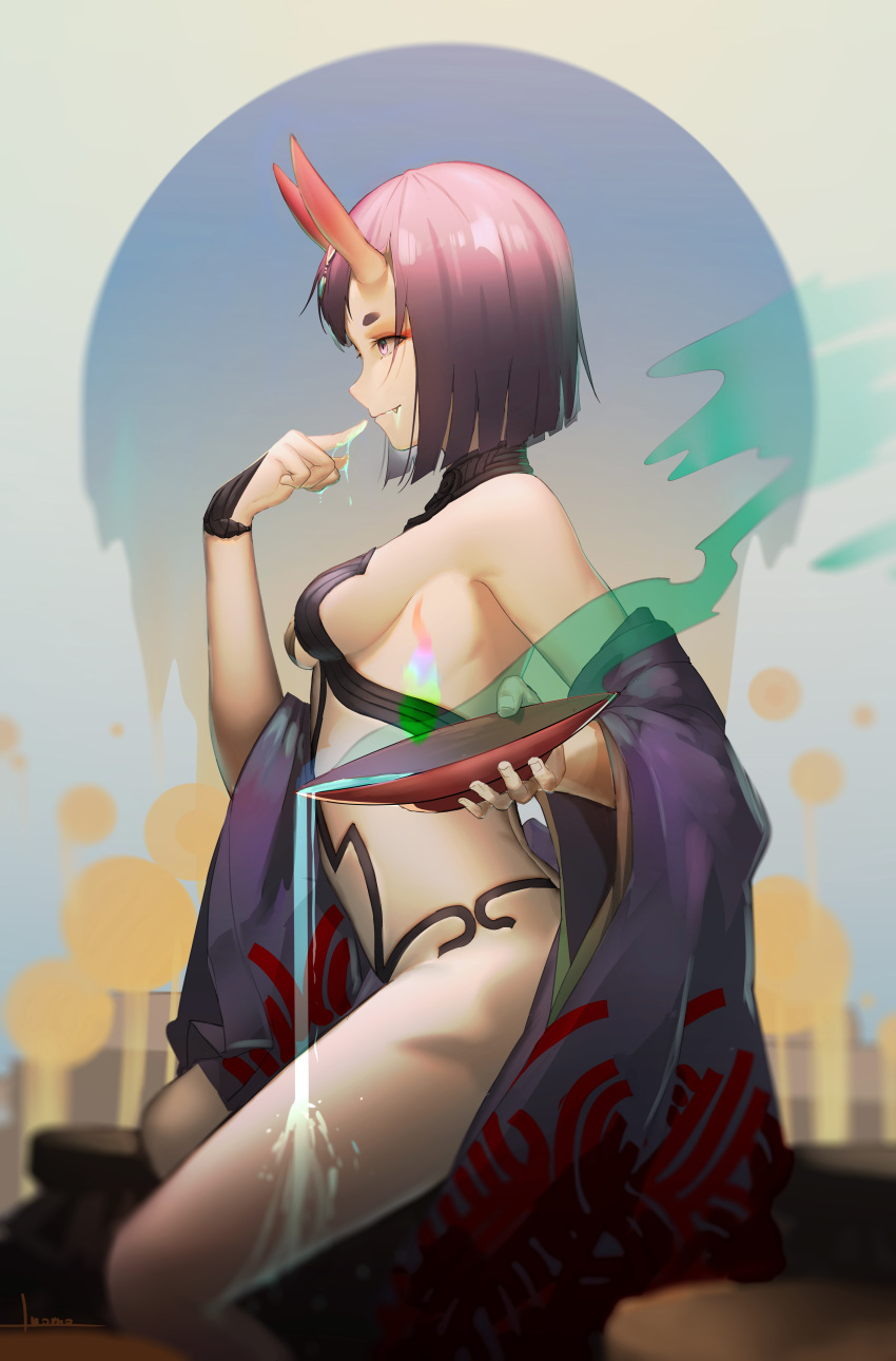 1girl absurdres alcohol artist_name bare_shoulders bob_cut breasts closed_mouth cup eyebrows fang fate/grand_order fate_(series) finger_to_mouth highres horns japanese_clothes luomo medium_breasts oni oni_horns pink_eyes profile purple_hair red_horns sakazuki sake short_hair shuten_douji_(fate/grand_order) sitting smile solo