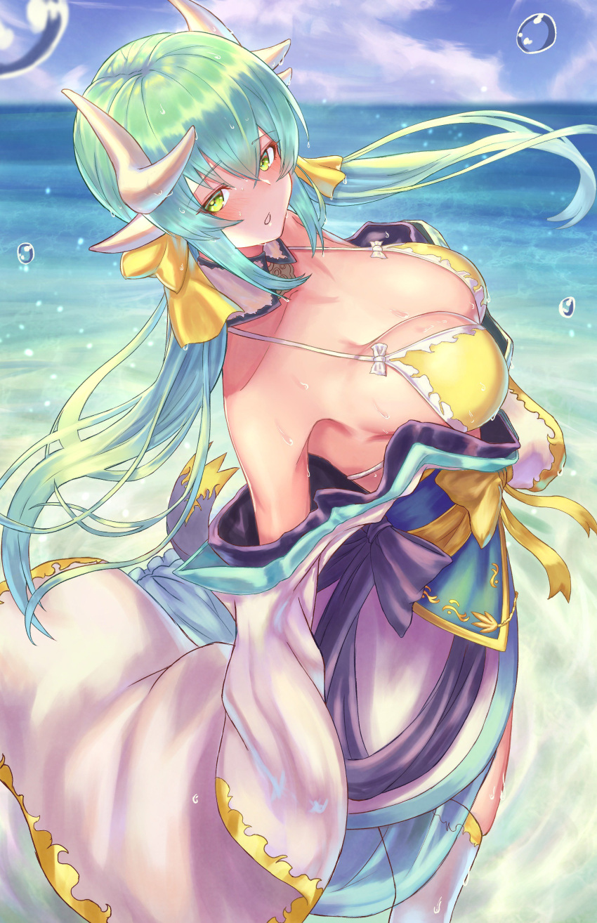 1girl absurdres bare_shoulders bikini blush bow breasts cleavage day dragon_girl dragon_horns eyebrows_visible_through_hair fate/grand_order fate_(series) g0re green_hair hair_bow highres horizon horns japanese_clothes kimono kiyohime_(fate/grand_order) kiyohime_(swimsuit_lancer)_(fate) large_breasts long_hair looking_at_viewer ocean open_mouth ponytail sky solo swimsuit water yellow_eyes