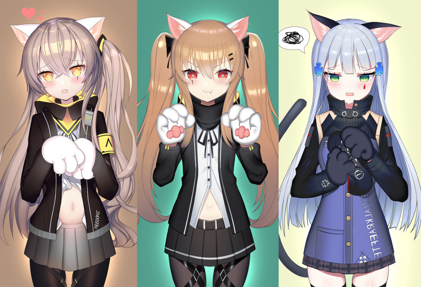 animal_ears bangs black_jacket black_ribbon blue_hair blush brown_hair cat_ears clothes_lift dress_shirt eyebrows_visible_through_hair fake_animal_ears fang girls_frontline green_eyes grey_skirt hair_between_eyes hair_ornament heart heart-shaped_pupils highres hk416_(girls_frontline) jacket lifted_by_self long_hair long_sleeves looking_at_viewer nasal navel neck_ribbon open_clothes open_jacket open_mouth pantyhose pleated_skirt red_eyes ribbon scar scar_across_eye shirt sidelocks simple_background skirt solo standing stomach straight_hair symbol-shaped_pupils tail thigh-highs thigh_strap tttanggvl twintails ump45_(girls_frontline) ump9_(girls_frontline) uniform very_long_hair white_shirt yellow_eyes