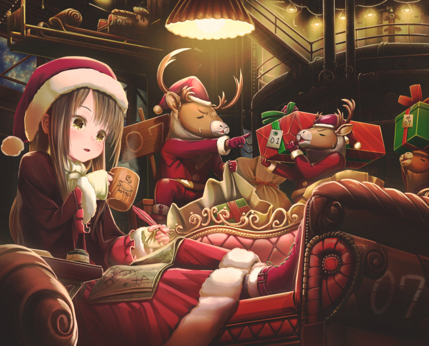 1girl abo_(kawatasyunnnosukesabu) animal black_hair boots box christmas clothed_animal couch cup dress fingerless_gloves fur-trimmed_dress gift gift_box gloves hat holding holding_box indoors inkwell long_hair long_sleeves map mug nail_polish open_mouth original quill red_dress red_footwear reindeer sack santa_claus santa_hat sitting sleigh sweatdrop white_gloves yellow_eyes