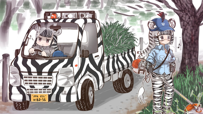 2girls adapted_costume animal_ears animal_print black_gloves black_hair blue_shirt breast_poke brown_eyes collared_shirt commentary driving eighth_note extra_ears gloves goggles grevy's_zebra_(kemono_friends) grey_shirt ground_vehicle hat kemono_friends license_plate long_hair long_sleeves mojibake_commentary motor_vehicle multicolored_hair multiple_girls musical_note necktie outdoors plains_zebra_(kemono_friends) poking shirt short_over_long_sleeves short_sleeves steering_wheel tail tanaka_kusao tree truck two-tone_hair weeds white_hair zebra_ears zebra_print zebra_tail