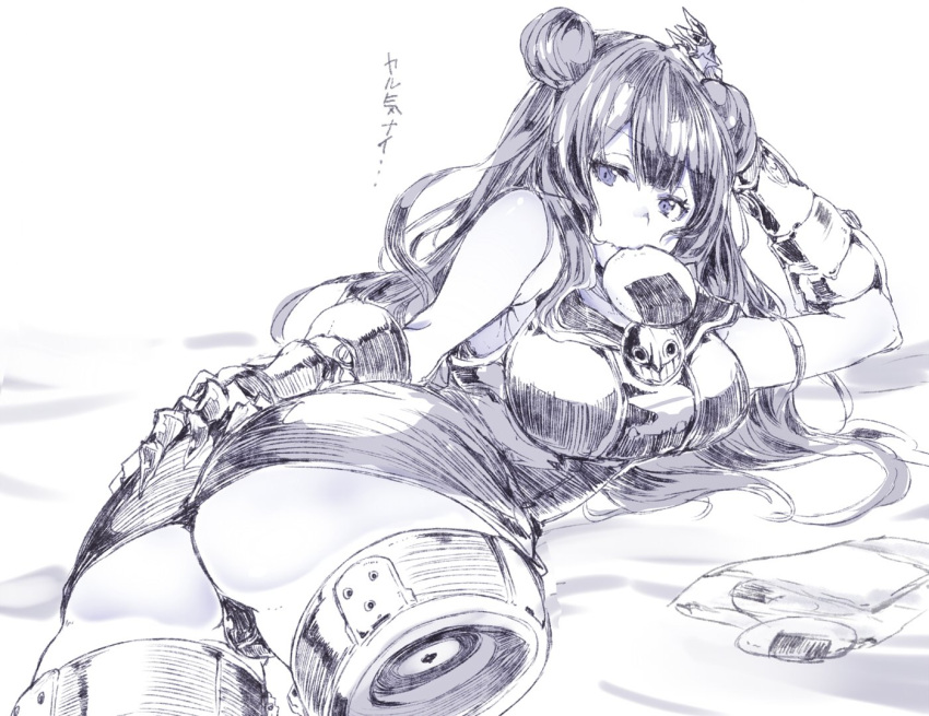 1girl amputee ass breasts commentary_request double_amputee double_bun dress food_in_mouth hand_on_own_ass hand_on_own_head kantai_collection large_breasts light_cruiser_oni looking_at_viewer mechanical_arms mouth_hold panties senbei shinkaisei-kan short_dress solo sumisu_(mondo) thong translated underwear