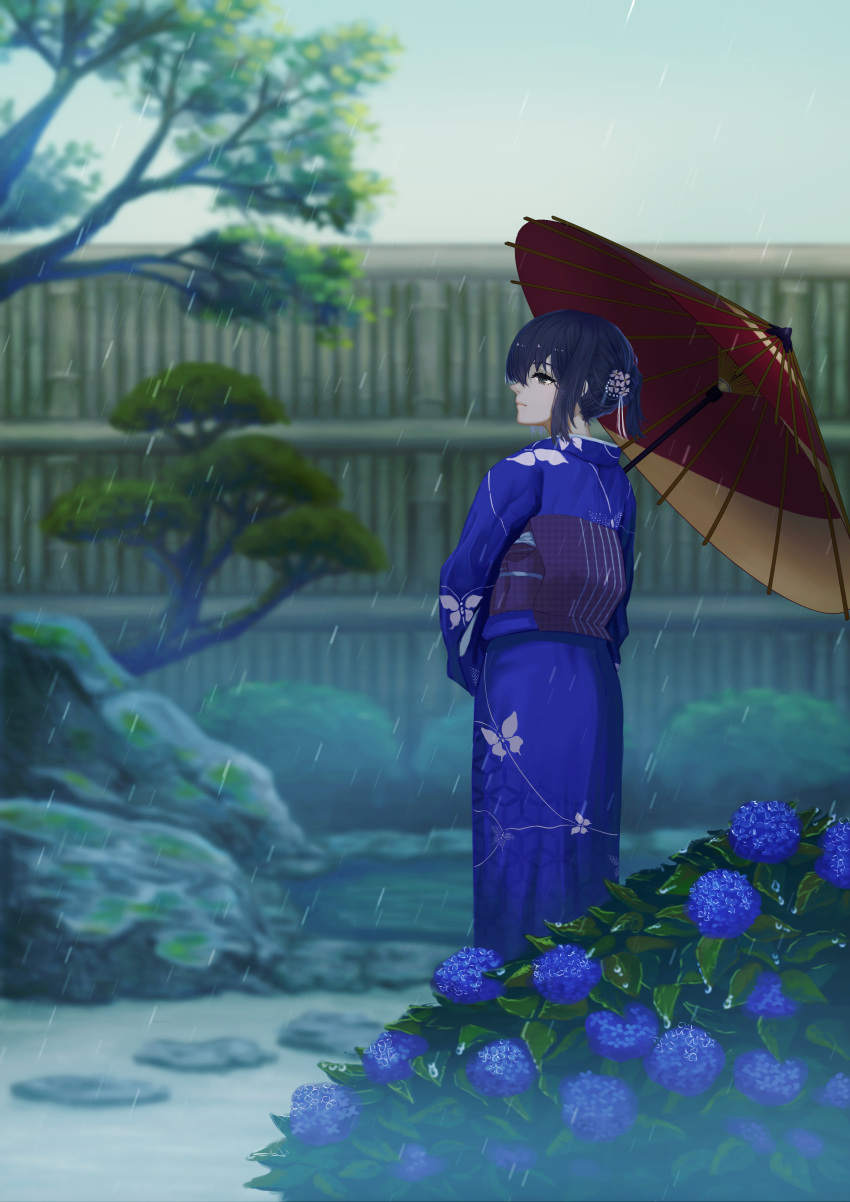 1girl absurdres black_hair brown_eyes closed_mouth flower highres holding holding_umbrella japanese_clothes kimono looking_away oriental_umbrella original outdoors rain short_hair solo umbrella yukidaifuku