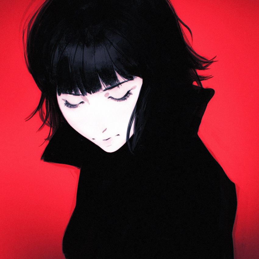 1girl bangs black_hair blunt_bangs closed_eyes closed_mouth commentary english_commentary highres ilya_kuvshinov original red_background short_hair solo white_skin