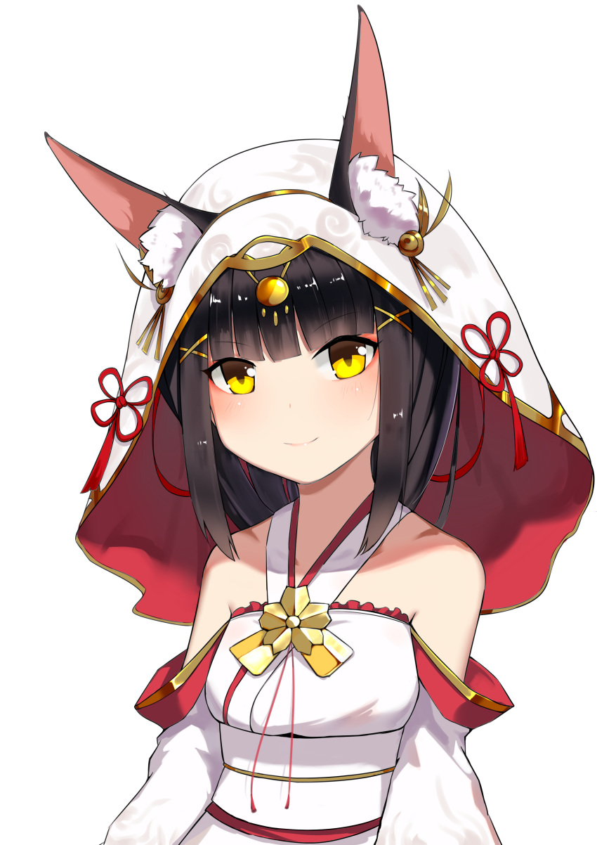 1girl absurdres animal_ears artist_request azur_lane bare_shoulders black_hair commentary_request highres hood japanese_clothes kimono looking_at_viewer nagato_(azur_lane) short_hair simple_background smile solo uchikake upper_body white_background yellow_eyes