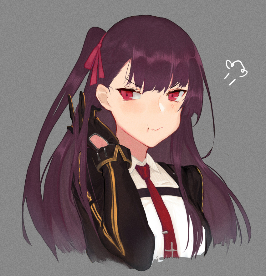 1girl :t bangs blazer blush breasts collared_shirt commentary_request cropped_torso eyebrows_visible_through_hair girls_frontline gloves hair_ribbon half_updo hand_in_hair highres jacket large_breasts long_hair long_sleeves looking_at_viewer necktie oka_ball one_side_up pout puffed_cheeks purple_hair red_eyes red_neckwear ribbon shirt sidelocks simple_background solo striped striped_shirt tsundere tsurime very_long_hair wa2000_(girls_frontline) white_shirt