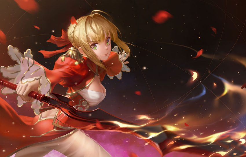1girl ahoge ass blonde_hair breasts cleavage eyebrows_visible_through_hair fate/extra fate_(series) from_side green_eyes highres holding holding_sword holding_weapon looking_at_viewer medium_breasts nero_claudius_(fate) nero_claudius_(fate)_(all) outstretched_arms petals renyu1012 school_uniform short_hair_with_long_locks sideboob sidelocks smile solo sword weapon