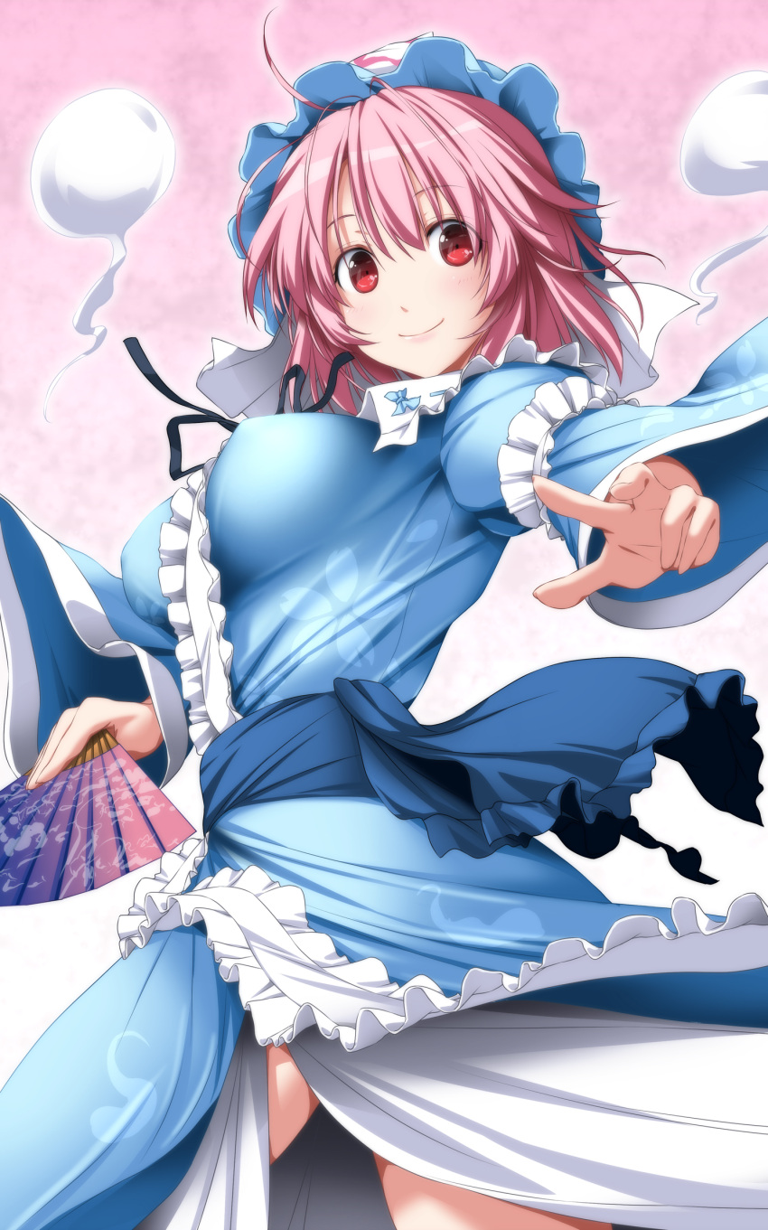 1girl blue_kimono commentary_request fan folding_fan gradient gradient_background hat highres hitodama holding holding_fan japanese_clothes kimono looking_at_viewer nori_tamago outstretched_arm pink_background pink_hair red_eyes saigyouji_yuyuko short_hair smile solo touhou wide_sleeves