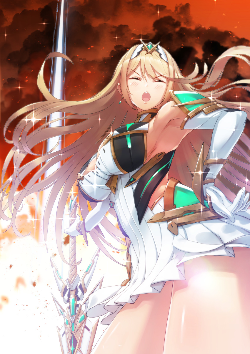 1girl absurdres armor armpits bangs blonde_hair breasts closed_eyes clouds cloudy_sky dress earrings gloves gold_trim green322 hand_on_hip highres mythra_(xenoblade) jewelry large_breasts long_hair open_mouth perspective red_sky serious sky sparkle sword tiara v-shaped_eyebrows weapon xenoblade_(series) xenoblade_2 yellow_eyes