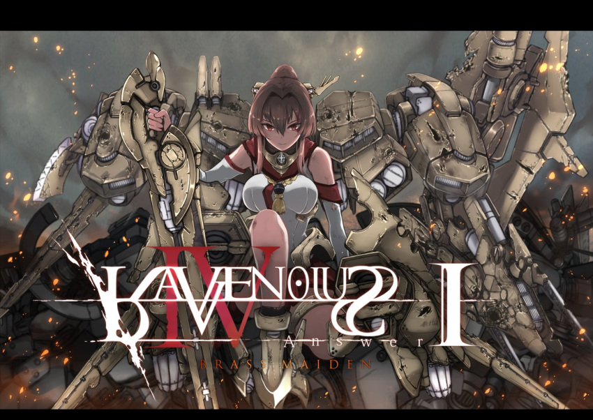 1girl armored_core breasts brown_hair embers gun hair_ornament hime_cut kantai_collection large_breasts mecha_musume ponytail red_eyes weapon yamato_(kantai_collection) yuzuruka_(bougainvillea)