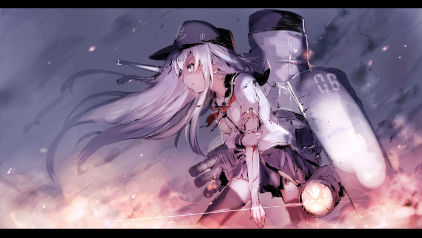 1girl bleeding blood commentary_request floating_hair from_side hand_on_own_arm hat hibiki_(kantai_collection) highres injury kantai_collection machinery profile school_uniform serafuku serious shirt silver_hair skirt solo sumisu_(mondo) thigh-highs torn_clothes torn_shirt torn_skirt v-shaped_eyebrows
