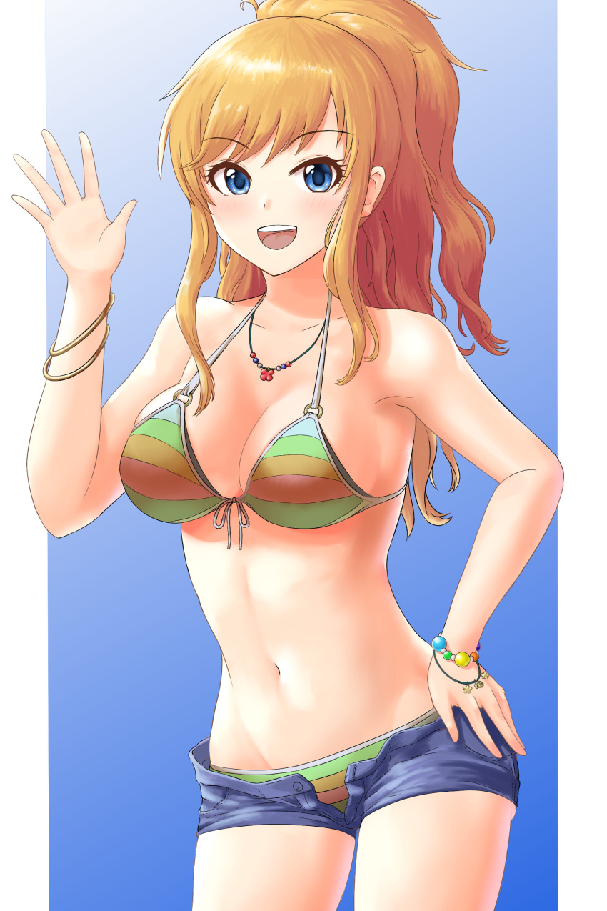 1girl absurdres blonde_hair blue_eyes blush bracelet breasts cleavage collarbone eyebrows_visible_through_hair highres idolmaster idolmaster_cinderella_girls jewelry large_breasts long_hair looking_at_viewer navel nemota ootsuki_yui open_mouth ponytail smile solo