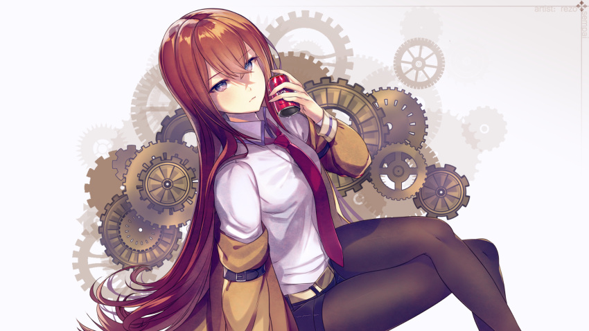 1girl bangs can coat collared_shirt hair_between_eyes highres jacket legs_crossed long_hair long_sleeves looking_at_viewer makise_kurisu necktie pantyhose redhead rezo-sempai shirt short_shorts shorts sitting soda_can steins;gate violet_eyes