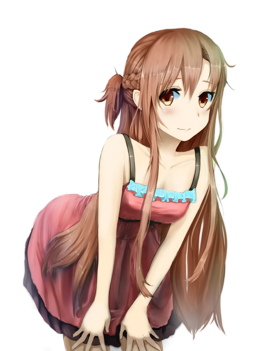 1girl asuna_(sao) blush breasts brown_eyes brown_hair cleavage collarbone dress hair_between_eyes hands_on_own_knees highres leaning_forward long_hair medium_breasts pink_dress poet simple_background sleeveless sleeveless_dress smile solo standing sword_art_online tied_hair very_long_hair white_background