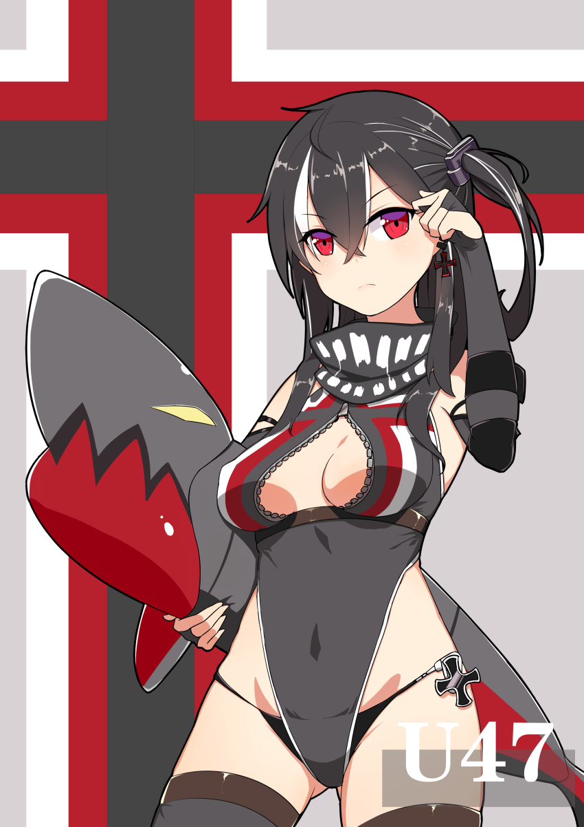 1girl absurdres adjusting_hair artist_request azur_lane black_hair breasts bridal_gauntlets character_name commentary covered_navel cowboy_shot earrings elbow_gloves erect_nipples gloves gluteal_fold grey_gloves highres inflatable_shark inflatable_toy iron_cross jewelry long_hair looking_at_viewer medium_breasts multicolored_hair one-piece_swimsuit one_side_up red_eyes solo streaked_hair swimsuit thigh-highs u-47_(azur_lane) white_hair