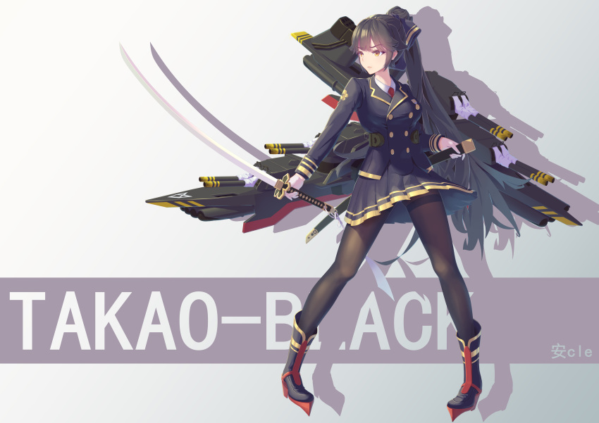1girl absurdres alternate_costume ancle_(aruncle) artist_name azur_lane black_hair cannon commentary full_body hair_ribbon highres katana long_hair long_sleeves looking_away military military_uniform pantyhose pleated_skirt ponytail ribbon rigging sheath skirt solo standing sword takao_(azur_lane) thighband_pantyhose turret uniform weapon yellow_eyes