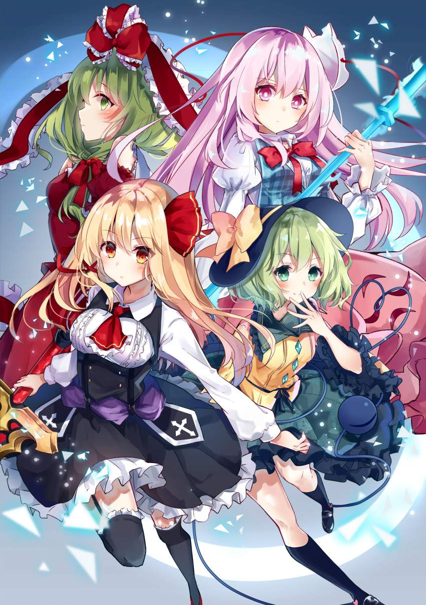 4girls absurdres black black_hat black_legwear blonde_hair bow bowtie brown_eyes dress dress_shirt floating_hair frilled_legwear front_ponytail garter_straps green_eyes green_hair hair_between_eyes hair_bow hair_ribbon hat hat_bow hata_no_kokoro highres holding holding_sword holding_weapon kagiyama_hina kisaragi_yuri kneehighs komeiji_koishi long_hair looking_at_viewer mask multiple_girls pink_eyes pink_hair pink_skirt red_bow red_dress red_neckwear red_ribbon ribbon shirt short_hair skirt smile sun_hat sword touhou very_long_hair weapon white_shirt yellow_bow yellow_shirt