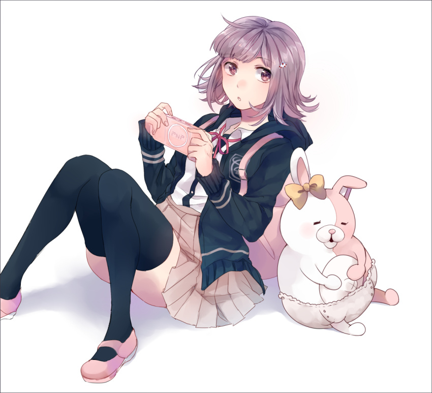 1girl backpack bag bangs dangan_ronpa eyebrows_visible_through_hair hair_ornament hairclip handheld_game_console holding hood hoodie kokeshi_1101 monomi_(dangan_ronpa) nanami_chiaki pink_eyes pink_ribbon pleated_skirt ribbon school_uniform shirt short_hair silver_hair sitting skirt super_dangan_ronpa_2 sweater thigh-highs white_shirt