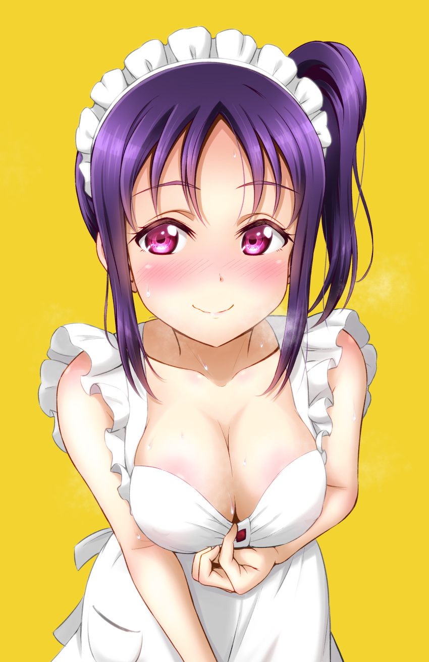 1girl absurdres apron bangs blush breasts ckst cleavage collar_tug collarbone commentary_request eyebrows_visible_through_hair heavy_breathing highres kazuno_sarah looking_at_viewer love_live! love_live!_sunshine!! maid_apron maid_headdress medium_breasts naked_apron nose_blush purple_hair side_ponytail sidelocks simple_background smile solo sweat upper_body violet_eyes white_apron