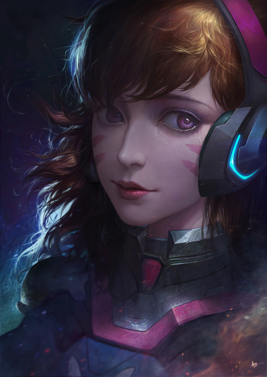 1girl absurdres alternate_eye_color animal_print bangs blue_bodysuit bodysuit breasts brown_hair bunny_print commentary crying crying_with_eyes_open d.va_(overwatch) eyelashes facepaint facial_mark headphones high_collar highres joo_yann_ang light_smile long_hair looking_away nose overwatch parted_lips pauldrons pilot_suit pink_lips ribbed_bodysuit shoulder_pads signature skin_tight solo tears turtleneck upper_body violet_eyes whisker_markings