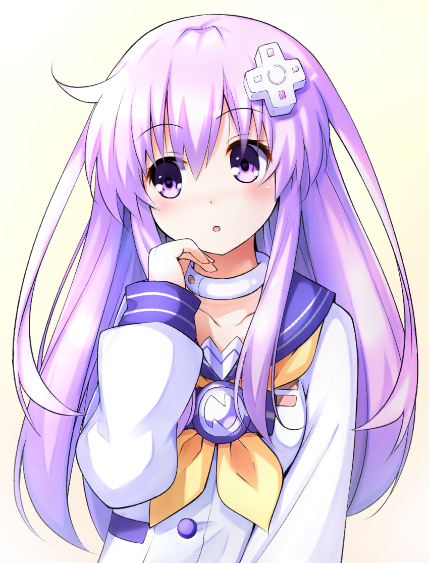 1girl :o blush choker commentary_request d-pad d-pad_hair_ornament doria_(5073726) eyebrows_visible_through_hair gradient gradient_background hair_ornament highres long_hair long_sleeves looking_to_the_side nepgear neptune_(series) purple_hair solo upper_body violet_eyes yellow_background