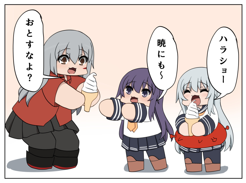 3girls akatsuki_(kantai_collection) alternate_costume black_legwear black_skirt blush bokota_(bokobokota) brown_eyes closed_eyes comic dress eating enemy_lifebuoy_(kantai_collection) eyebrows_visible_through_hair facial_scar food gangut_(kantai_collection) gradient gradient_background grey_hair hair_between_eyes hibiki_(kantai_collection) highres ice_cream kantai_collection long_hair long_sleeves miniskirt multiple_girls open_mouth pantyhose purple_hair red_shirt sailor_collar sailor_dress scar scar_on_cheek school_uniform serafuku shadow shirt shoes silver_hair skirt translation_request violet_eyes