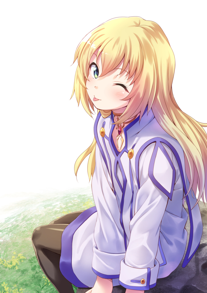 1girl black_legwear blonde_hair collet_brunel day from_side green_eyes hair_between_eyes highres jewelry long_hair looking_at_viewer necklace one_eye_closed outdoors shiny shiny_clothes sitting solo tales_of_(series) tales_of_symphonia tenkuu_nozora tongue tongue_out white_background