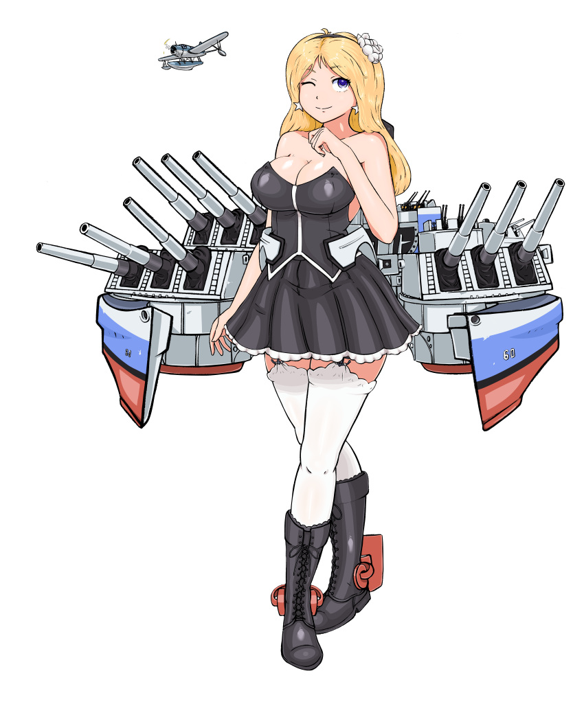 1girl absurdres bare_shoulders black_dress blonde_hair blue_eyes boots breasts cleavage cross-laced_footwear dress earrings highres jewelry kantai_collection lace-up_boots large_breasts legs_crossed long_hair looking_back one_eye_closed original rigging smile solo stacking_mann star star_earrings thigh-highs transparent_background uss_alabama_(bb-60) vought_os2u_kingfisher white_legwear