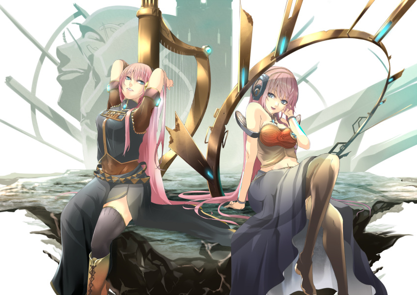 2girls arm_strap arm_support arms_up black_legwear black_skirt blue_eyes boots bracelet breasts broken brown_footwear cleavage endou_(zettai_bluenoid) groin hair_between_eyes hand_in_hair harp headphones instrument jewelry knee_boots long_hair long_skirt looking_at_viewer medium_breasts megurine_luka megurine_luka_(vocaloid4) midriff multiple_girls navel parted_lips pink_hair shiny shiny_hair short_sleeves simple_background sitting skirt smile stomach strapless thigh-highs very_long_hair vocaloid