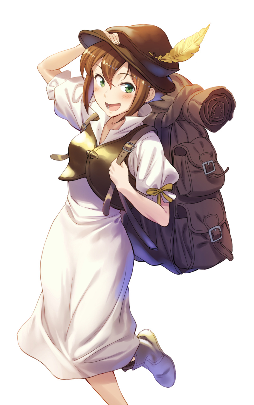 1girl :d backpack bag blush boots brown_hair brown_hat brown_ribbon character_request collarbone dress green_eyes grey_footwear hair_between_eyes hand_on_headwear hat hat_feather highres long_dress looking_at_viewer one_eye_closed open_mouth ribbon shiny shiny_hair short_hair short_sleeves simple_background smile solo standing standing_on_one_leg sundress tenkuu_nozora white_background white_dress yellow_feathers
