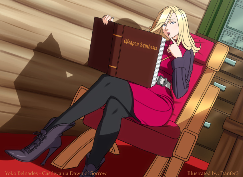 1girl absurdres artist_name background belt black_legwear blonde_hair blue_eyes book castlevania castlevania:_dawn_of_sorrow character_name commentary commission copyright_name danfer3 drawer dutch_angle english_commentary eyebrows_visible_through_hair finger_to_mouth grimoire head_tilt high_heels highres holding holding_book indoors legs_crossed long_hair long_sleeves open_book pantyhose shadow sitting yoko_belnades