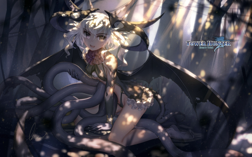 1girl animal_ears barefoot breasts dappled_sunlight eyebrows_visible_through_hair fangs forest heterochromia horns kneeling long_hair looking_at_viewer monster_girl nature observerz official_art open_mouth original outdoors signature small_breasts solo sunlight tail tentacle tree white_hair wings