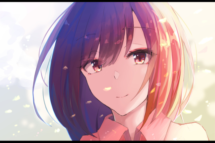 1girl backlighting bangs blurry blurry_background closed_mouth collared_shirt commentary depth_of_field eyebrows_visible_through_hair floating_hair focused hyakunin_momoko light light_particles light_smile long_hair looking_at_viewer original portrait purple_hair red_shirt shiny shiny_hair shirt smile solo straight_hair swept_bangs tareme violet_eyes