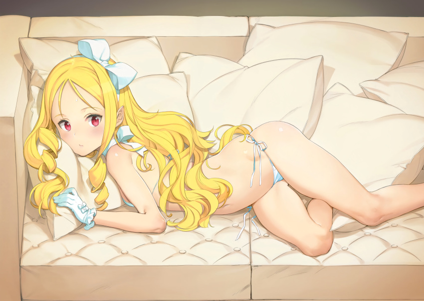1girl absurdres bangs bare_shoulders bikini blonde_hair bow breasts choker couch detexted drill_hair eromanga_sensei gloves hair_ribbon highres long_hair looking_at_viewer lying navel on_side ooyari_ashito parted_bangs petite pillow pink_eyes pointy_ears ribbon ribbon_choker scan shiny shiny_skin side-tie_bikini skindentation small_breasts solo stitched sweatdrop swimsuit third-party_edit white_bikini white_gloves yamada_elf