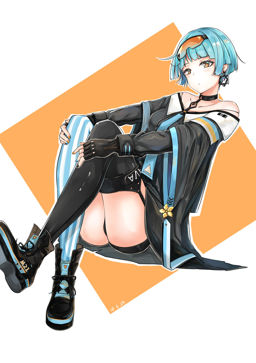 1girl absurdres bangs black_footwear blue_hair blunt_bangs blush choker collarbone commentary_request dated earrings eyewear_on_head fingerless_gloves garter_straps girls_frontline gloves goggles goggles_on_head hands_on_own_knees highres jewelry mismatched_legwear necktie off_shoulder orange_eyes short_hair sitting solo striped striped_legwear thigh-highs thighs two-tone_background wide_sleeves zas_m21_(girls_frontline) zidong_fanmai_jii_o3