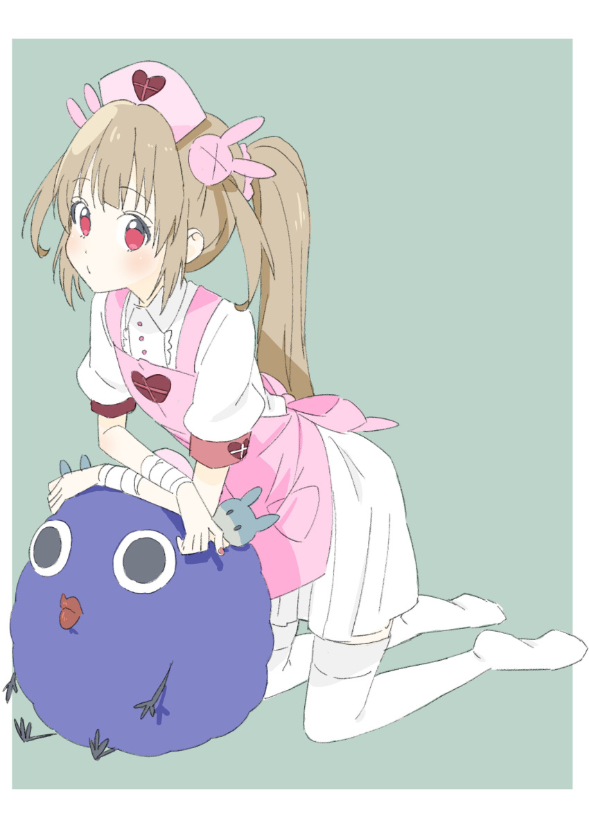 1girl absurdres alternate_hairstyle apron armband bandage blush bunny_hair_ornament closed_mouth collared_shirt donguri_suzume hair_ornament hat heart highres kneeling light_brown_hair long_hair looking_at_viewer natori_sana nurse_cap pink_apron pink_hat puffy_short_sleeves puffy_sleeves red_eyes saana-kun sana_channel shirt short_sleeves thigh-highs twintails two_side_up virtual_youtuber zettai_ryouiki