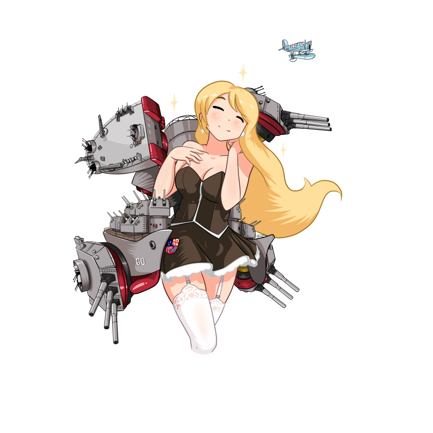 1girl absurdres bare_shoulders black_dress blonde_hair blush breasts catapult_launcher catapult_plane cleavage closed_eyes crane crest cropped_legs dress earrings garter_straps hand_on_own_chest highres jewelry kantai_collection lace lace-trimmed_thighhighs ladder large_breasts life_ring long_hair original rigging smile solo sparkle stacking_mann star star_earrings thigh-highs turret vought_os2u_kingfisher white_background white_legwear