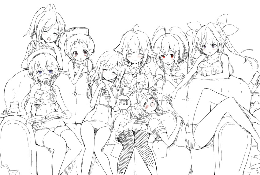 6+girls :d =_= ^_^ ahoge blue_eyes book bunny_ears_prank cellphone closed_eyes commentary_request couch covered_navel cup flower girl_sandwich goggles goggles_on_head hair_flower hair_ornament hand_on_another's_head hand_on_own_stomach hat highres holding holding_cellphone holding_phone i-168_(kantai_collection) i-19_(kantai_collection) i-401_(kantai_collection) i-58_(kantai_collection) i-8_(kantai_collection) kantai_collection lap_pillow leaning_on_person lying maru-yu_(kantai_collection) monochrome mouth_hold multiple_girls name_tag old_school_swimsuit on_back open_book open_mouth own_hands_together pantyhose phone ponytail red_eyes ro-500_(kantai_collection) sandwiched school_swimsuit school_uniform senbei serafuku sitting sketch sleeping sleeping_on_person smile speech_bubble spot_color sumisu_(mondo) swimsuit swimsuit_under_clothes taigei_(kantai_collection) thick_eyebrows thigh-highs v