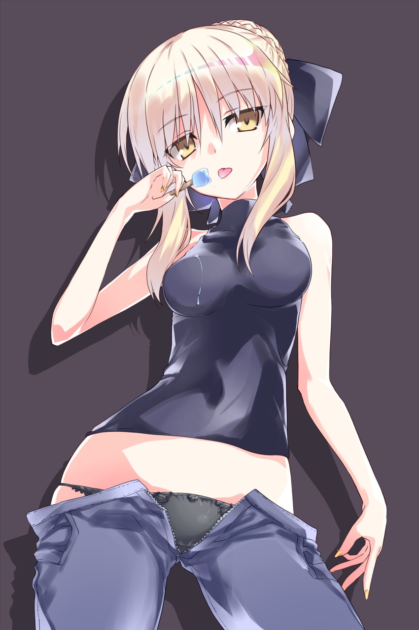 1girl :p artoria_pendragon_(all) bangs black_background black_bow black_panties black_shirt blonde_hair blue_pants bow bow_panties braid breasts closed_mouth commentary cowboy_shot dripping eyebrows_visible_through_hair fate/stay_night fate_(series) food french_braid hair_bow hair_bun head_tilt highres holding holding_food lace lace-trimmed_panties looking_at_viewer medium_breasts midriff nail_polish open_pants orange_nails panties pants pants_pull popsicle saber_alter shadow shirt short_hair simple_background sleeveless sleeveless_shirt solo standing take_shinobu tongue tongue_out turtleneck underwear unzipped yellow_eyes