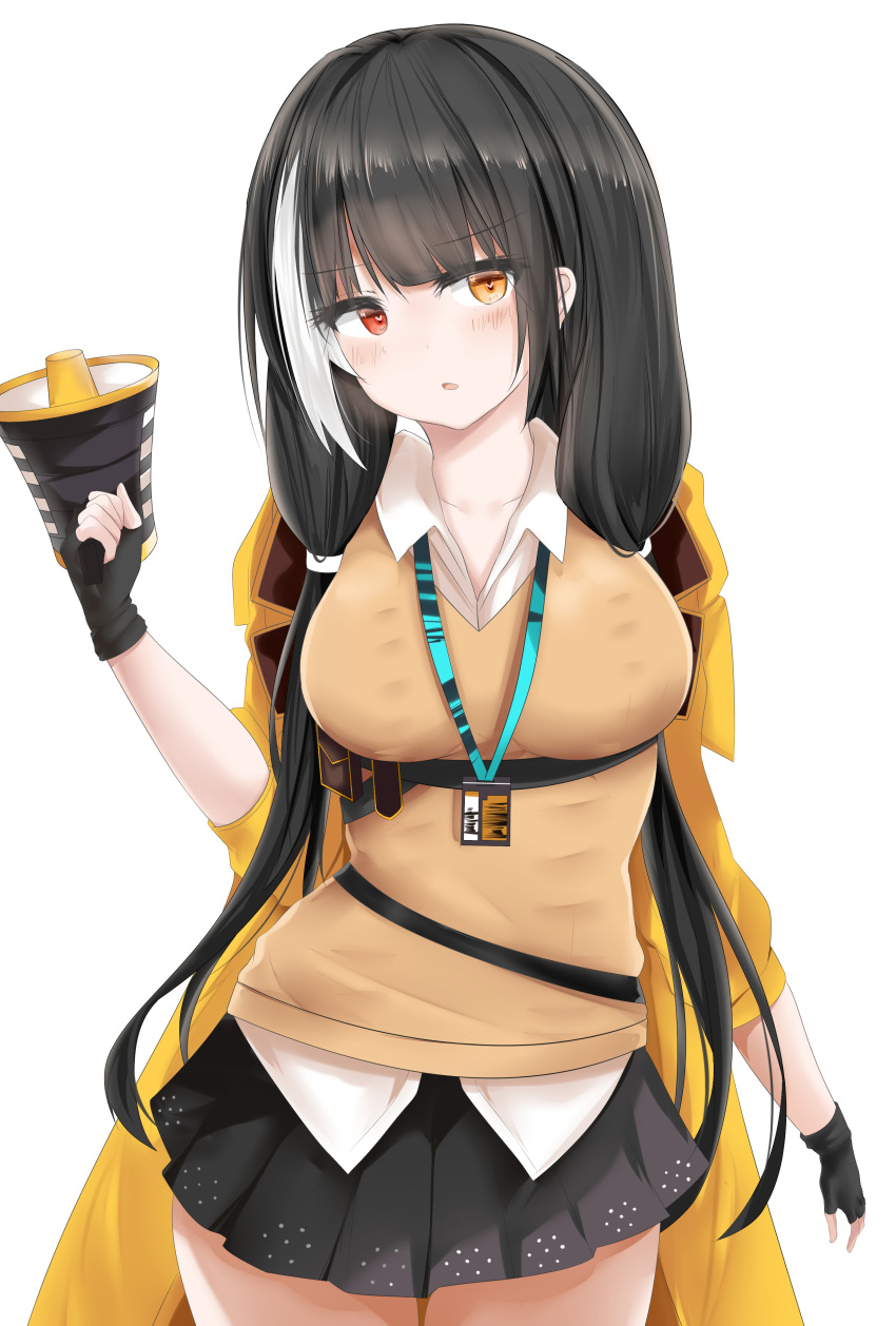 1girl absurdres black_hair breasts coat fingerless_gloves girls_frontline gloves highlights highres id_card large_breasts megaphone multicolored_hair open_clothes open_coat ro635_(girls_frontline) ru_zhai skirt solo yellow_eyes