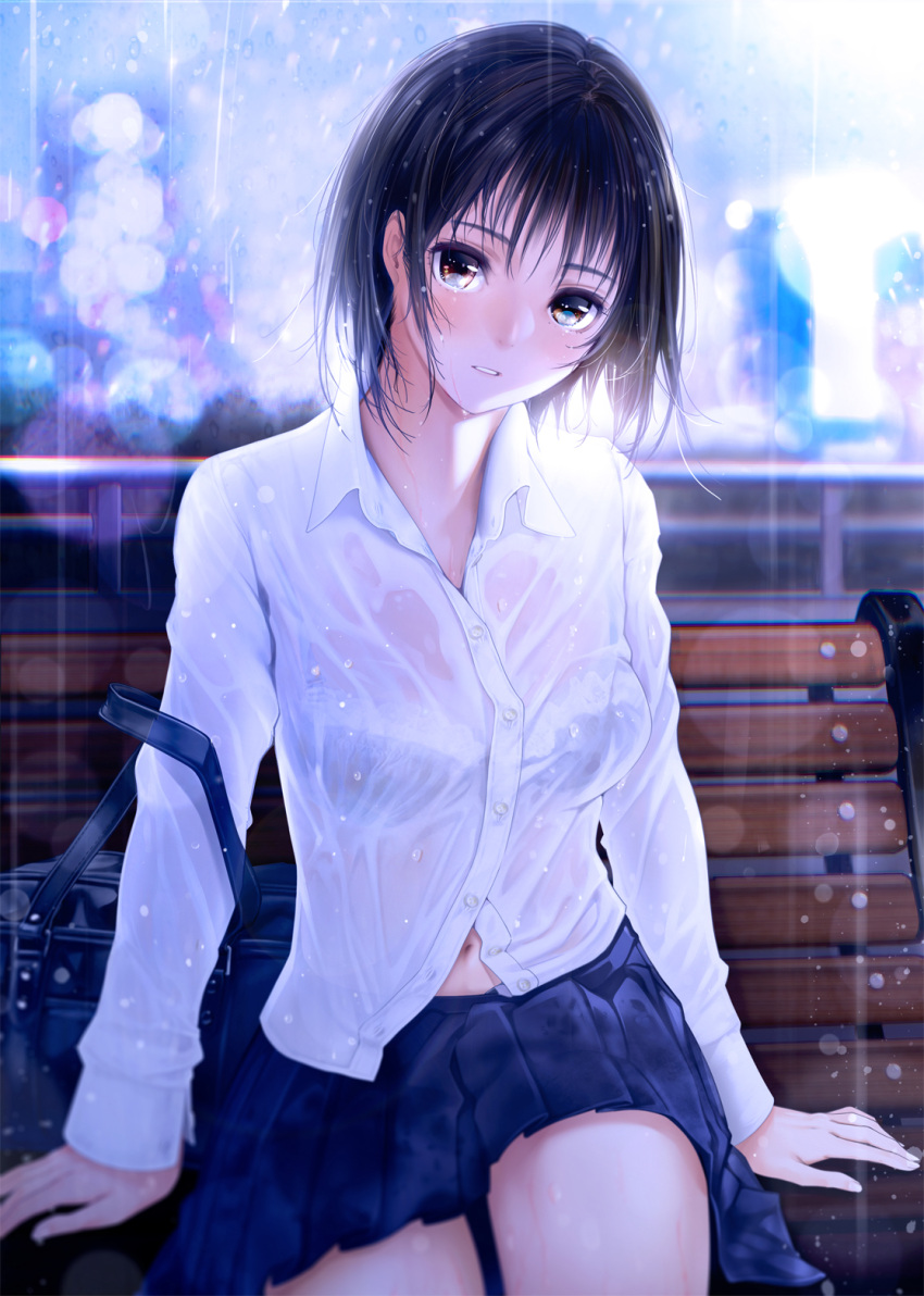 1girl bag bangs bench black_hair blue_skirt blurry bokeh bra bralines brown_eyes collared_shirt commentary_request depth_of_field giba_(out-low) highres long_sleeves looking_at_viewer medium_hair navel original outdoors parted_lips pleated_skirt rain school_bag school_uniform see-through shirt sitting sitting_on_bench skirt solo underwear wet wet_clothes wet_shirt white_shirt