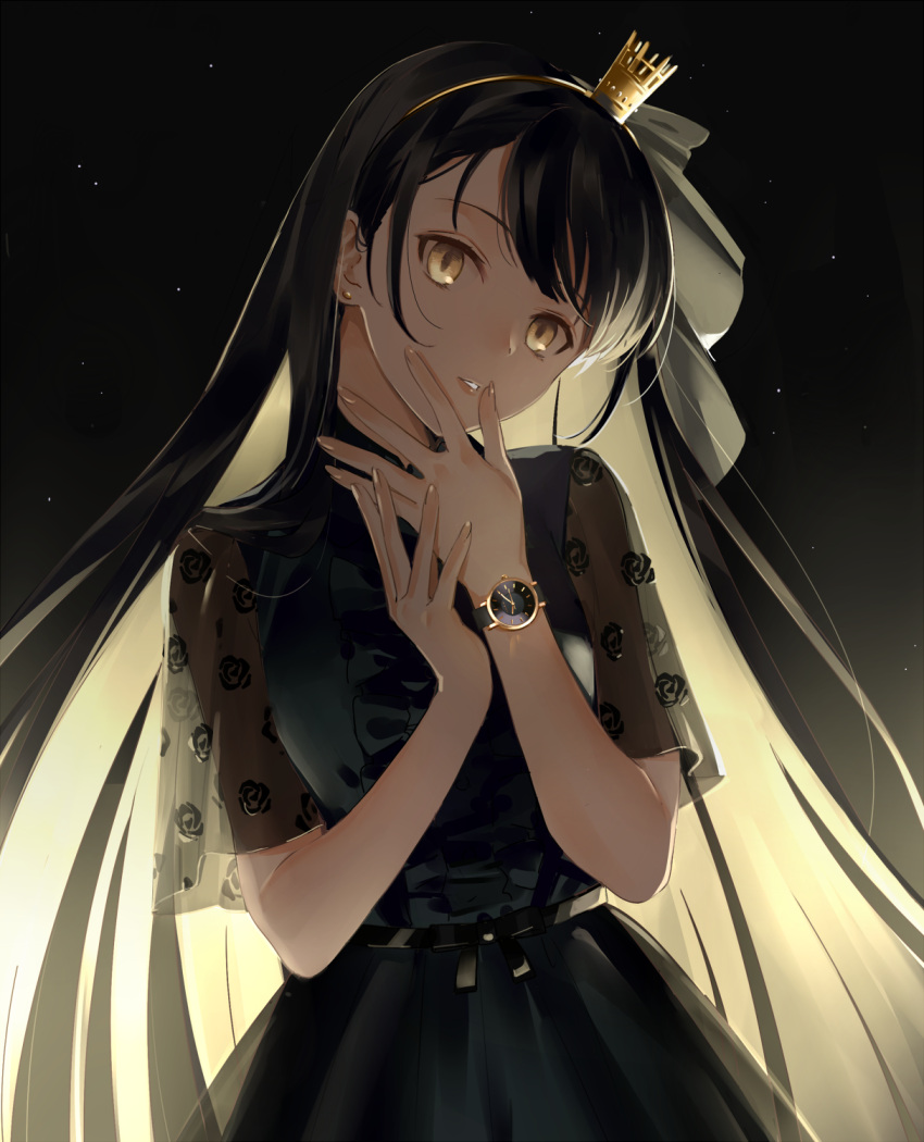 1girl bangs belt black_dress black_hair brown_eyes center_frills commentary crown dress earrings english_commentary hairband hand_on_own_face hands_up head_tilt highres jewelry long_hair looking_at_viewer mini_crown night original parted_lips short_sleeves sky solo star_(sky) starry_sky transparent_sleeves urata_asao very_long_hair watch watch