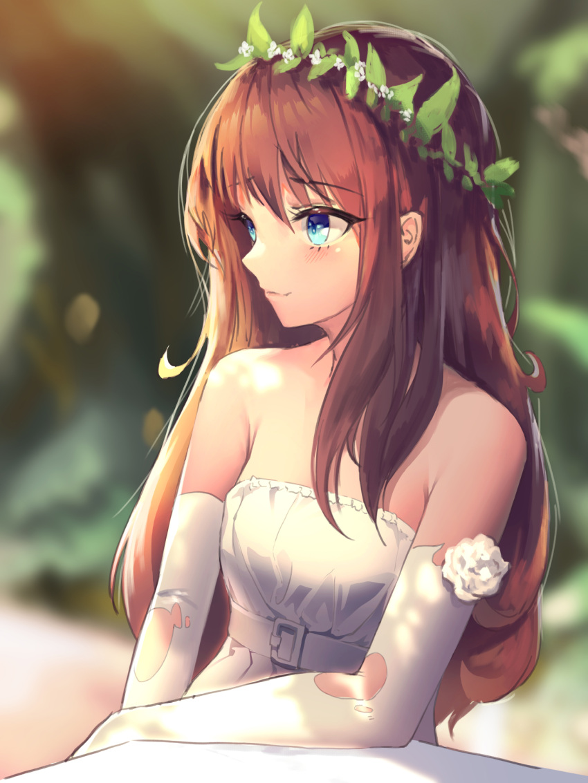 1girl bangs bare_shoulders belt_buckle blue_eyes blurry blurry_background blush brown_hair buckle closed_mouth commentary depth_of_field dress elbow_gloves elbow_rest english_commentary eyebrows_visible_through_hair flower flower_wreath gloves hair_between_eyes head_wreath highres lee_seok_ho light_smile long_hair looking_away looking_to_the_side original rose solo strapless strapless_dress table torn_clothes torn_gloves very_long_hair white_belt white_dress white_flower white_gloves white_rose