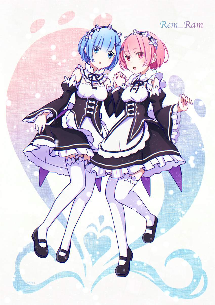 2girls absurdres apron bangs black_footwear black_ribbon black_skirt blue_moment character_name choker detached_sleeves eyebrows_visible_through_hair flower frilled_skirt frills full_body garter_straps hair_flower hair_ornament head_wreath highres holding_hand interlocked_fingers leg_up maid mary_janes multiple_girls neck_ribbon open_mouth pink_hair ram_(re:zero) re:zero_kara_hajimeru_isekai_seikatsu red_eyes rem_(re:zero) ribbon shoes short_hair siblings sisters skirt skirt_hold thigh-highs white_apron white_flower white_legwear