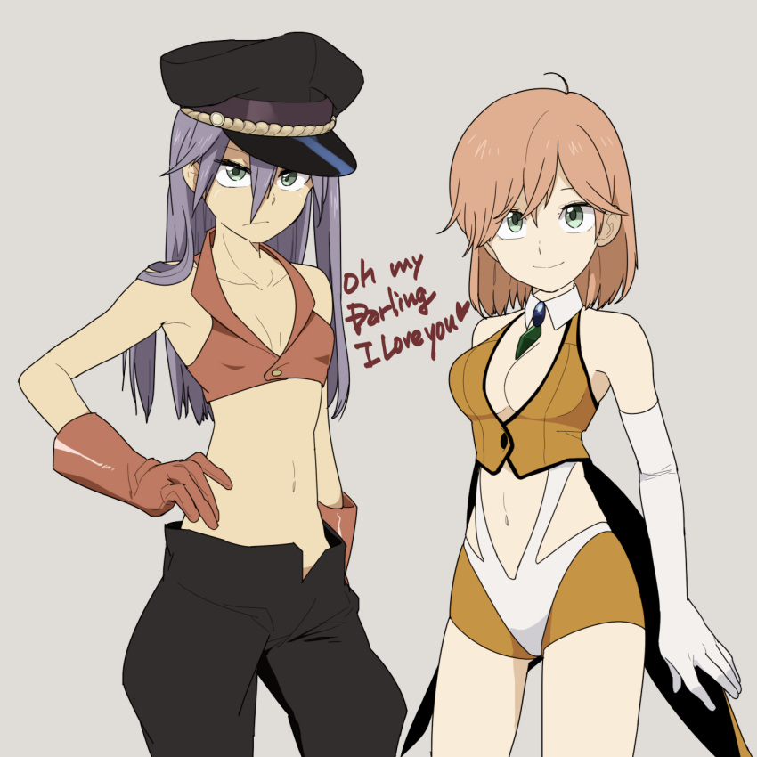 2girls ahoge bakuretsu_hunters bangs black_hat black_pants breasts chocolate_misu chocolate_misu_(cosplay) cleavage closed_mouth coattails collarbone cosplay cowboy_shot detached_collar elbow_gloves faris_scherwiz final_fantasy final_fantasy_v frown gem gloves green_eyes hair_between_eyes hand_on_hip hat heart highres legs_apart lenna_charlotte_tycoon looking_at_viewer medium_breasts multiple_girls navel open_fly pants peaked_cap pink_hair purple_hair red_gloves regain reverse_trap siblings sisters small_breasts smile standing stomach straight_hair tira_misu tira_misu_(cosplay) white_gloves