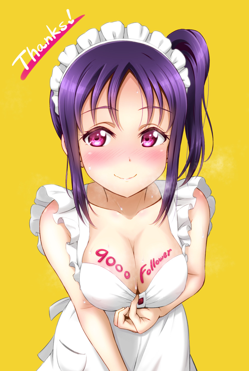 1girl absurdres apron bangs blush body_writing breasts ckst cleavage collar_tug collarbone eyebrows_visible_through_hair followers heavy_breathing highres kazuno_sarah looking_at_viewer love_live! love_live!_sunshine!! maid_apron maid_headdress medium_breasts naked_apron nose_blush purple_hair side_ponytail sidelocks simple_background smile solo sweat thank_you upper_body violet_eyes white_apron