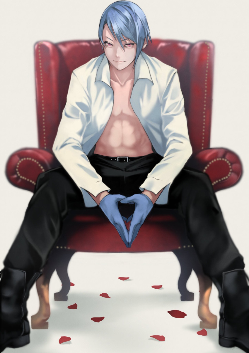1boy abs armchair bangs belt blue_hair boots chair collarbone dress_shirt gloves hands_together highres looking_at_viewer open_shirt petals pink_eyes rose_petals shirt short_hair simple_background sitting smirk solo spread_legs tokyo_ghoul tsukiyama_shuu white_background