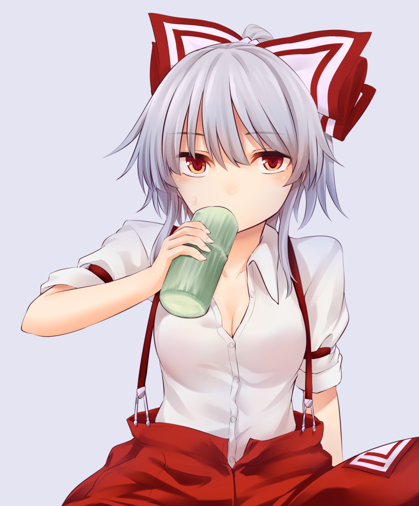 1girl alternate_hair_length alternate_hairstyle bow breasts cleavage collarbone commentary_request cup drinking eyebrows_visible_through_hair fujiwara_no_mokou grey_background hair_between_eyes hair_bow highres holding holding_cup looking_at_viewer medium_breasts miyo_(ranthath) ofuda pants red_eyes red_pants shirt short_hair short_sleeves silver_hair simple_background sitting solo suspenders touhou upper_body white_bow white_shirt wing_collar